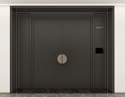 Modern Black Double Door With Textured Surface Circular Metal Accent AODI Electronic Lock Marble Floor 3d model
