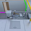 Commercial Kitchen Layout With Workstation Sink Cooking Equipment And Tile Flooring