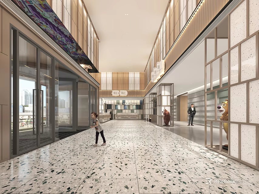 Modern Spacious Hotel Lobby Interior Design With Marble Floor Glass Doors And Pendant Lights 3d model 