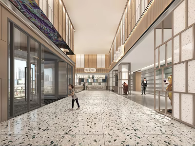 Modern Spacious Hotel Lobby Interior Design With Marble Floor Glass Doors And Pendant Lights 3d model