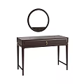 Elegant Dark Wood Dressing Table With Round Mirror And Single Drawer 3d model