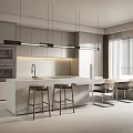 Modern Kitchen Interior With Island Counter Cabinets Hanging Lights And Bar Stools 3d model