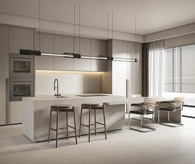 Modern Kitchen Interior With Island Counter Cabinets Hanging Lights And Bar Stools 3d model