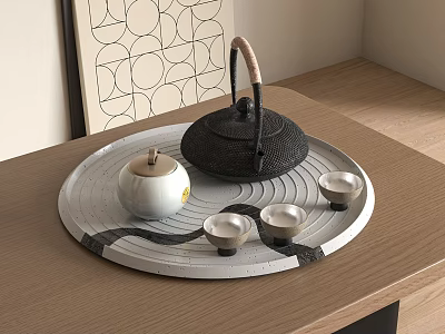 Traditional Tea Set With Teapot Tea Caddy Teacups On Round Tray Wooden Table 3d model