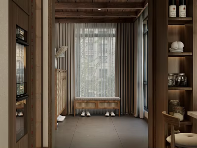 Modern Store Front Desk Interior With Wooden Shelves Bench And Large Window 3d model