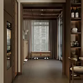 Modern Store Front Desk Interior With Wooden Shelves Bench And Large Window