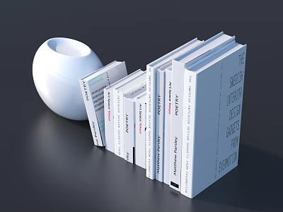 Neatly Stacked Books with White Covers and Decorative Vase on Dark Table 3d model