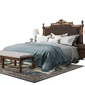 Double Bed with Ornate Carved Headboard Nightstands Table Lamps Front Bench on Decorative Rug