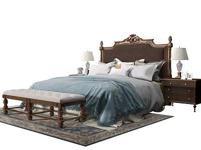 Double Bed with Ornate Carved Headboard Nightstands Table Lamps Front Bench on Decorative Rug 3d model