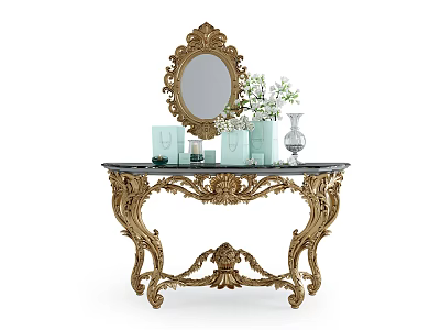 Elegant Golden Carved Console Table Featuring Black Top Oval Mirror And Decorative Items 3d model