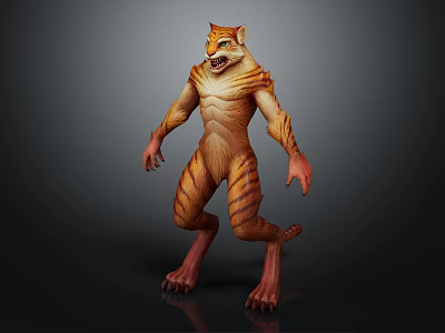 3D Tiger Humanoid Character Design Featuring Striped Fur Sharp Teeth And Clawed Limbs 3d model