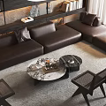Modern Brown Leather L Shaped Sofa And Marble Coffee Table Set With Bookshelves And Windows
