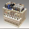 Wooden Multi Tiered Liquor Cabinet Displaying Various Bottles And Boxes 3d model