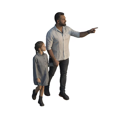 Man And Girl Holding Hands While Walking And Pointing Casually Together 3d model
