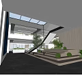 Modern Lounge Area Interior With Open Concept Skylights Green Plants And Steps