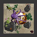 Underwater Diorama Featuring Purple Octopus Orange Diving Bell Green Plants Red Fish And Sandy Seabed