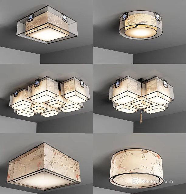 Modern Ceiling Lights With Square Round Shapes And Patterned Fabric Shades 3d model