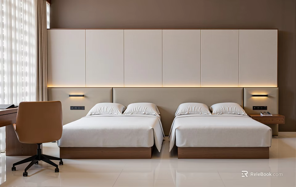 Modern Hotel Room Interior With Twin Beds Bedside Lamps And Office Chair 3d model 