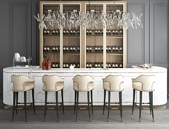 Modern Bar Chair Combination Marble Bar Counter Wine Cabinet Chandelier Combination 3d model