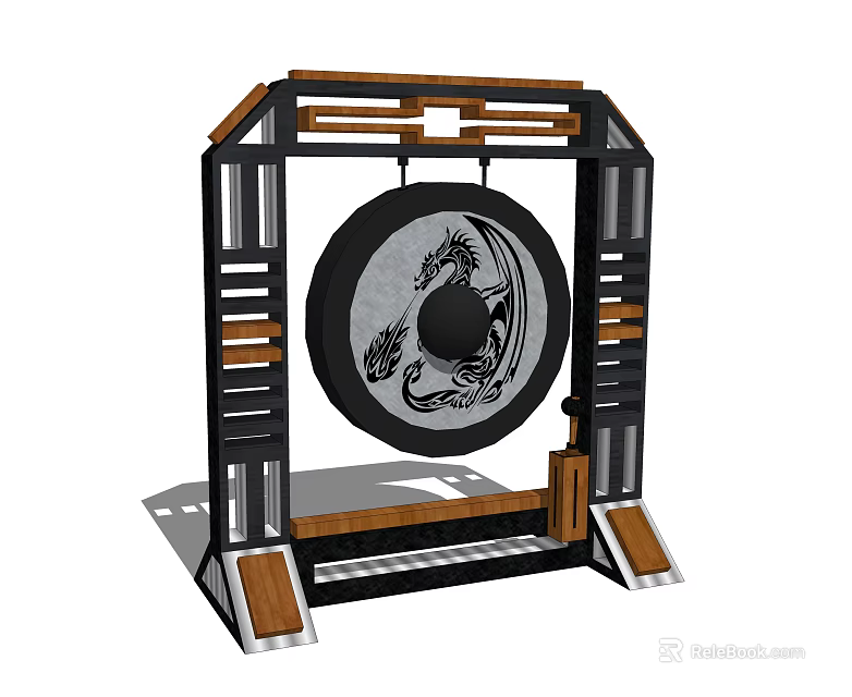 Musical Instrument and Artistic Painting on Large Drum with Dragon Design and Black Metal Frame 3d model 