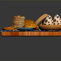 Assorted Morning Foods on Wooden Tray With Bread Pancakes Fruits Jam and Checkered Cloth