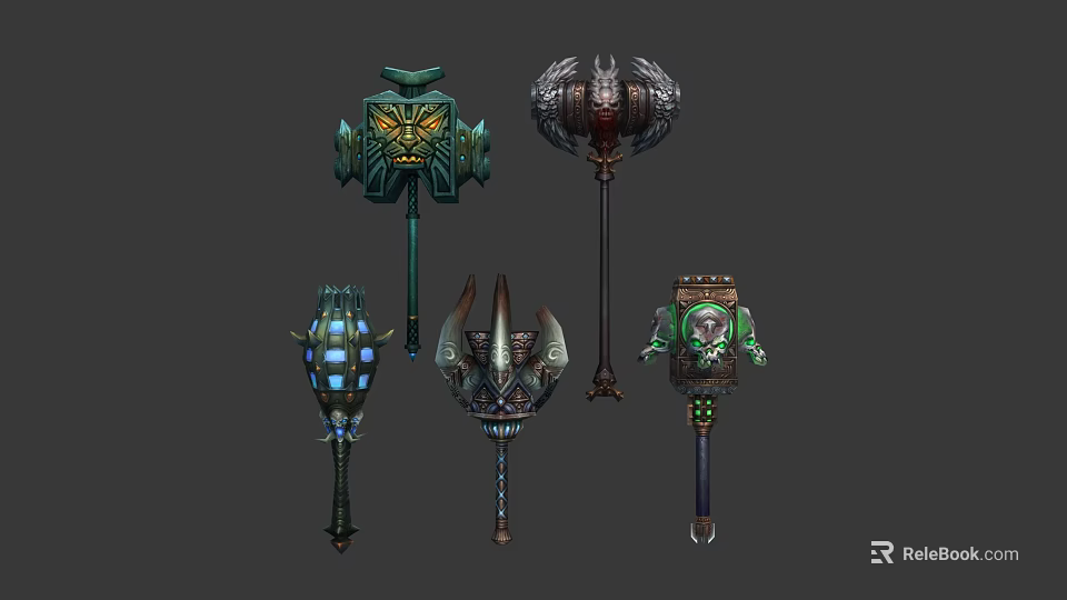Fantasy Weapons Collection Featuring Ornate Hammers Staffs And Glowing Details 3d model 