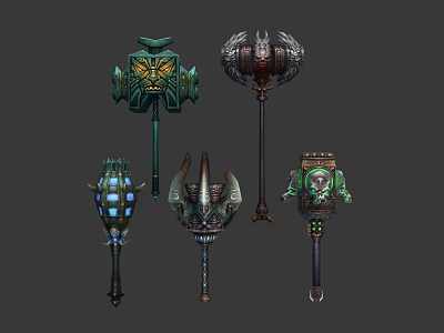 Fantasy Weapons Collection Featuring Ornate Hammers Staffs And Glowing Details 3d model