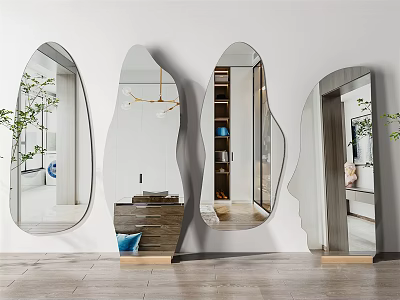 Four Irregular Shaped Mirrors Decor Modern Interior Against White Wall With Wooden Floor And Plants 3d model