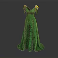 Green Long Evening Gown with V neckline yellow shoulder decorations and black embroidery details