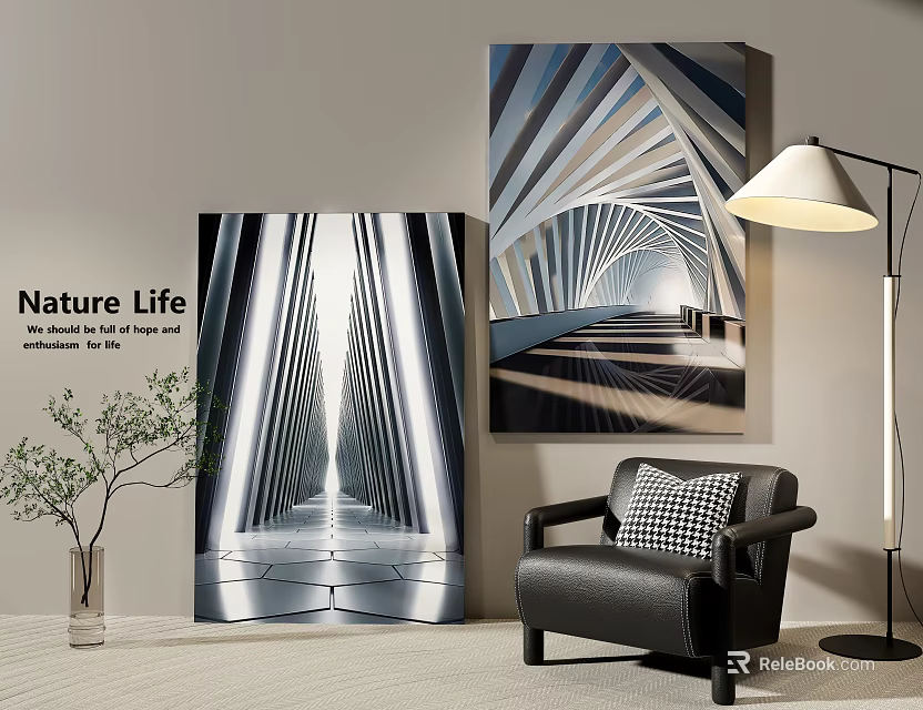 Modern Picture Frames Displaying Architectural Prints In Living Room With Armchair And Floor Lamp 3d model 