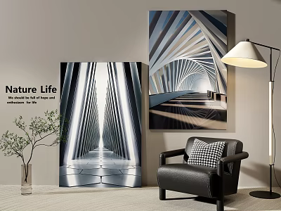 Modern Picture Frames Displaying Architectural Prints In Living Room With Armchair And Floor Lamp 3d model