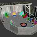 Garden Landscape With Pergola Hanging Chairs Bean Bags Octagonal Seating Fire Pit And Paved Floor