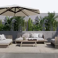 Outdoor Sofa Set With Comfortable Cushions Umbrella And Green Plants In Modern Patio