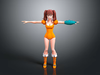 3D Character Model With Pigtails Orange Jumpsuit Blue Gloves And Outstretched Arms 3d model