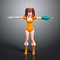 3D Character Model With Pigtails Orange Jumpsuit Blue Gloves And Outstretched Arms