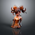 3D Fantasy Game Female Elf Character With Curly Brown Double Ponytails And Golden Bronze Corset