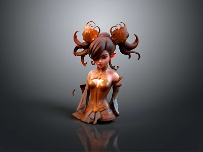 3D Fantasy Game Female Elf Character With Curly Brown Double Ponytails And Golden Bronze Corset 3d model