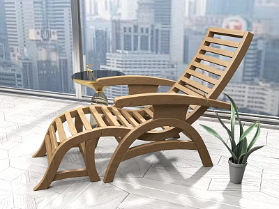 Wooden Lounge Chair In Modern Interior With City View Side Table And Green Plant 3d model