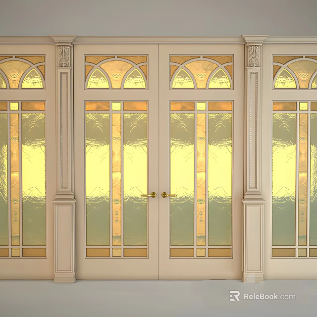 Elegant Swing Doors Design With Decorative Glass Panels And Arched Top Frames 3d model 