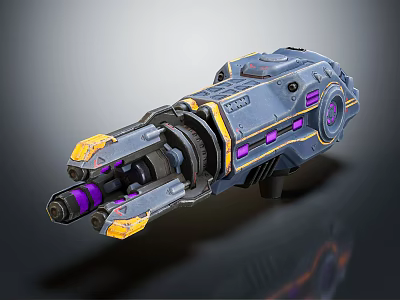 Futuristic Sci Fi Weapon With Blue Yellow Purple Mechanical Design And Barrel Components 3d model