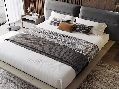 Contemporary Bedroom Interior Featuring Double Bed With Gray Upholstered Headboard White Sheets And Striped Blanket 3d model