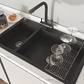 Black Double Bowl Kitchen Sink with Faucet and Metal Glass Rack on Marble Countertop