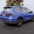 Blue SUV Parked Next to Tree on Black Asphalt Road Under Blue Sky