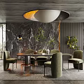 Modern Open Restaurant Interior With Marble Wall Dining Table Chairs Pendant Light And Plants