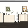 Modern Beige Console Table And Side Cabinet With Drawers Vases Artworks And Decorations