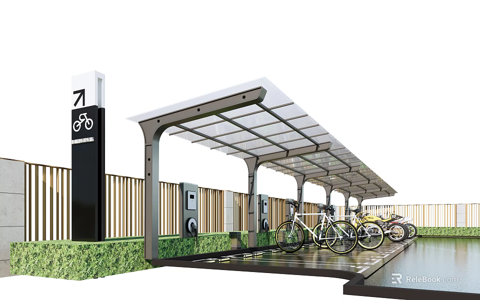 Modern Bicycle Shelter With Transparent Roof Parking Bicycles Signage Greenery And Wooden Fencing 3d model 
