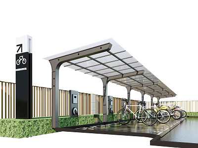 Modern Bicycle Shelter With Transparent Roof Parking Bicycles Signage Greenery And Wooden Fencing 3d model