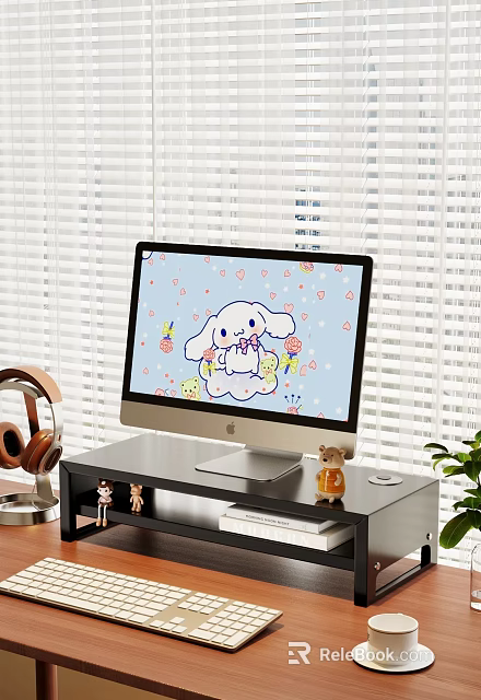 Modern Shelf with Computer Monitor Cartoon Screen Headphones Small Figurines and Plant by Blinds 3d model 