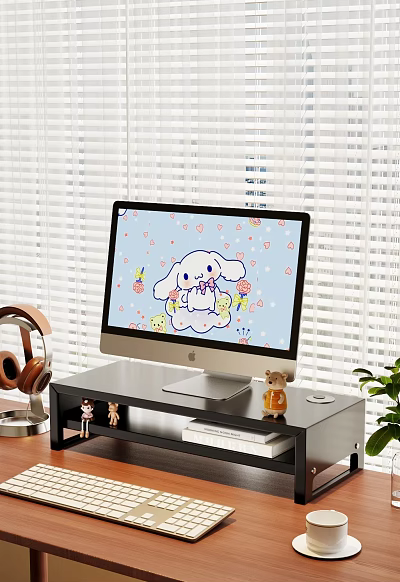 Modern Shelf with Computer Monitor Cartoon Screen Headphones Small Figurines and Plant by Blinds 3d model