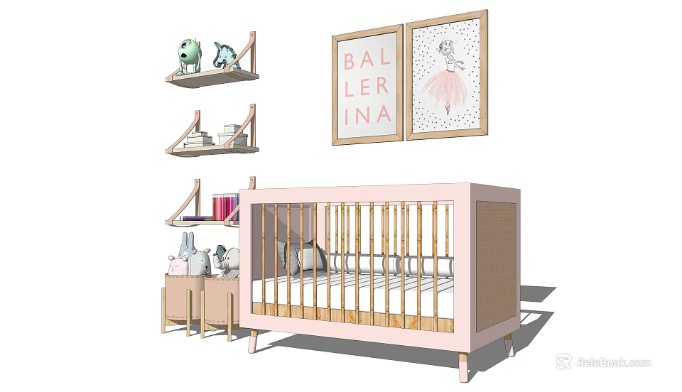 Pink Baby Crib with Shelves Toys Books and Ballerina Wall Art 3d model 